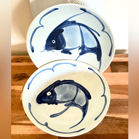 Vintage Chinese Hand Painted Porcelain Bowls 9” Cobalt Blue Koi Fish Set/2
